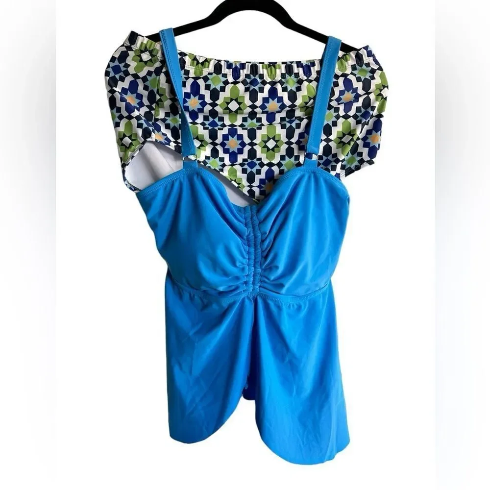 NWT BloomChic Plus Size Blue 2 Piece Swimsuit Swim Dress Ruched Front - Size 1XL - Picture 5 of 6